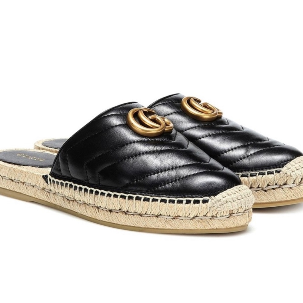 Gucci Black Marmont Gg Double Gg Leather Espadrilles Flats Mules/Slides